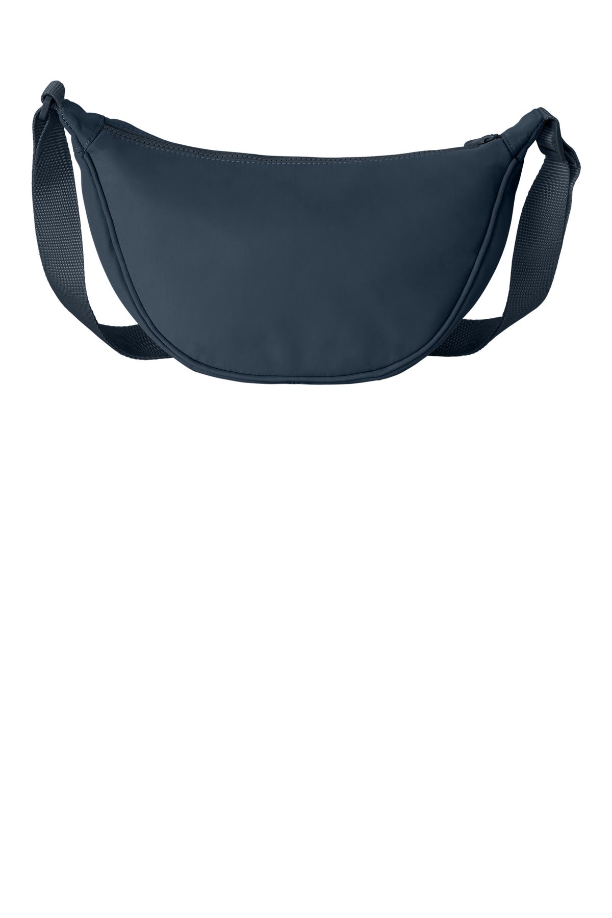 Port Authority matte navy crossbody bag with front zipper pocket and adjustable strap, shown from the front view.