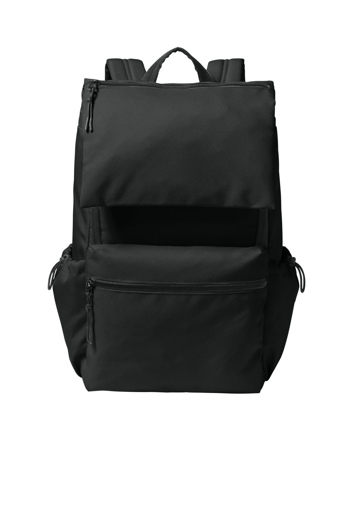 Port Authority Matte Oxford Backpack in deep black, front view showing sturdy design and multiple compartments.