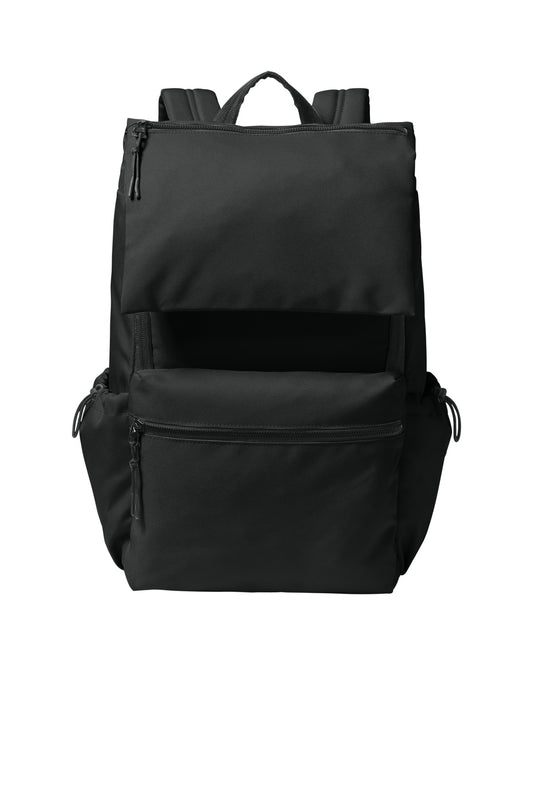 Port Authority Matte Oxford Backpack in deep black, front view showing sturdy design and multiple compartments.