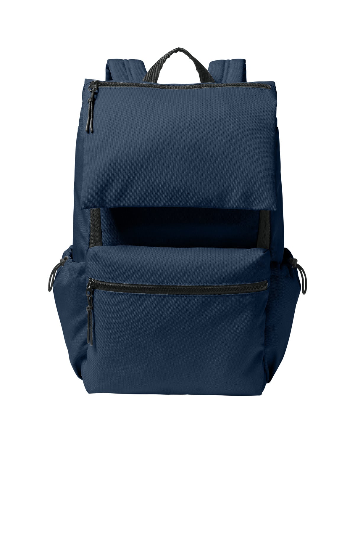 Port Authority Matte Oxford Backpack in river blue and navy, front view showing sturdy straps and spacious main compartment.