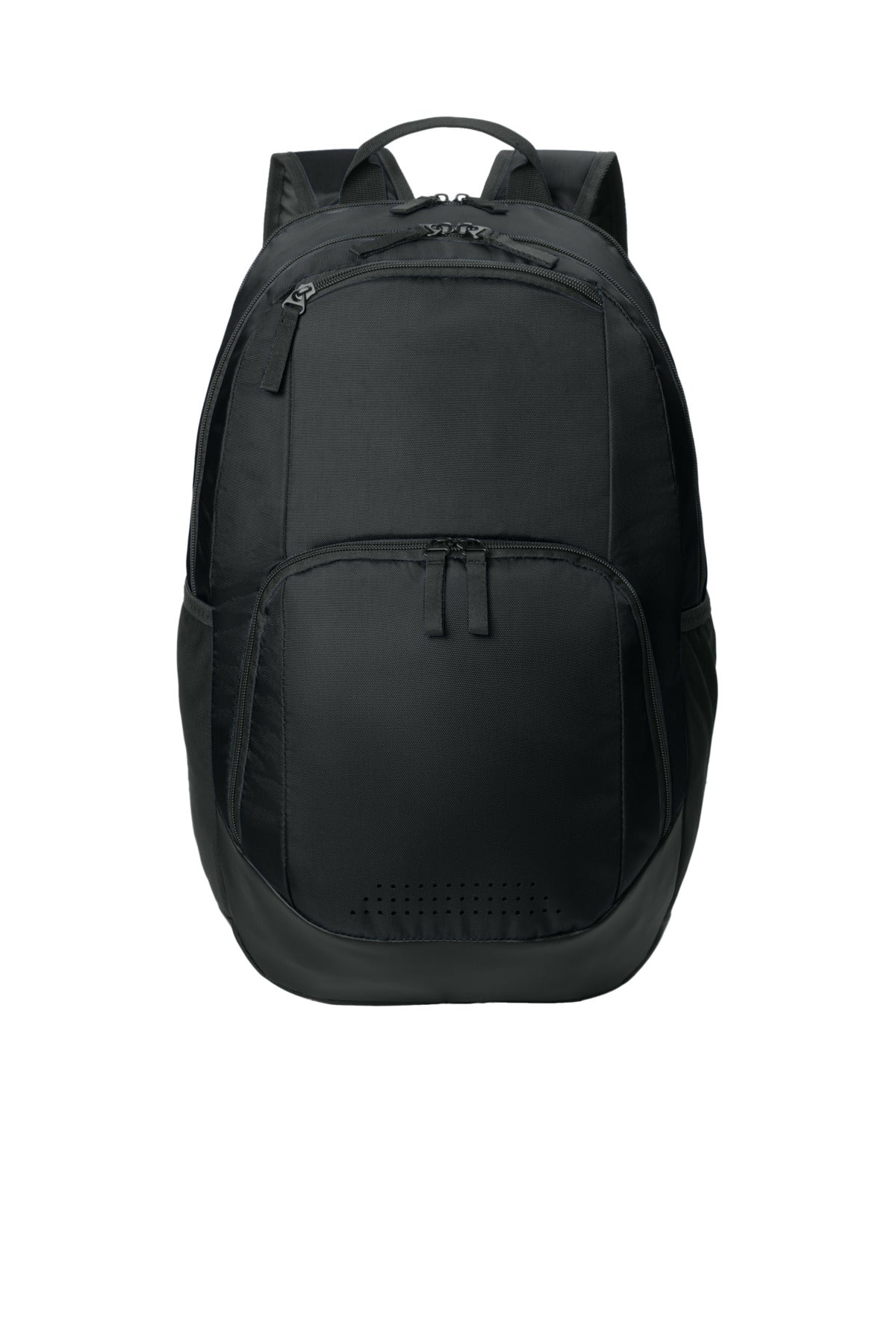 Black Sport-Tek Rec Backpack BST200 with front zip pocket and adjustable straps, designed for sports and outdoor activities.