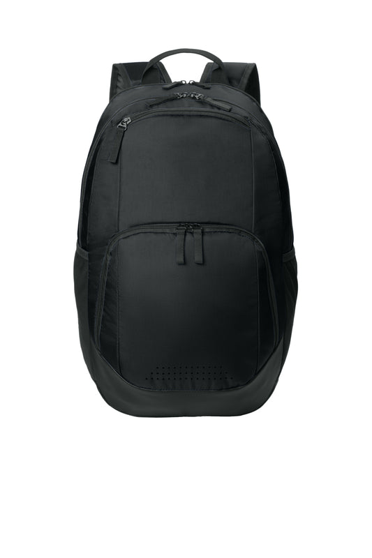 Black Sport-Tek Rec Backpack BST200 with front zip pocket and adjustable straps, designed for sports and outdoor activities.