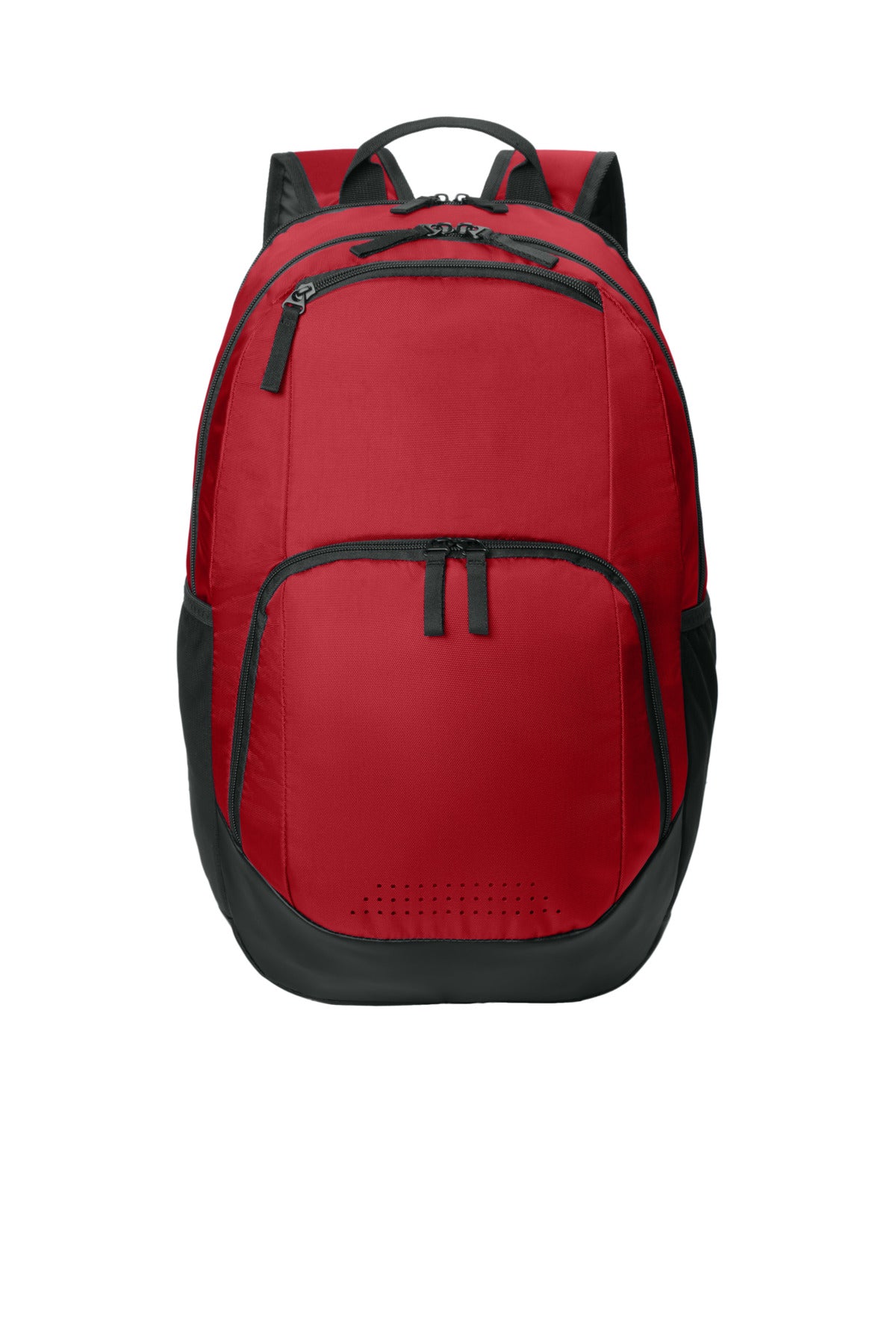 Sport-Tek Rec Backpack BST200 in deep red, front view showing multiple compartments and adjustable straps.