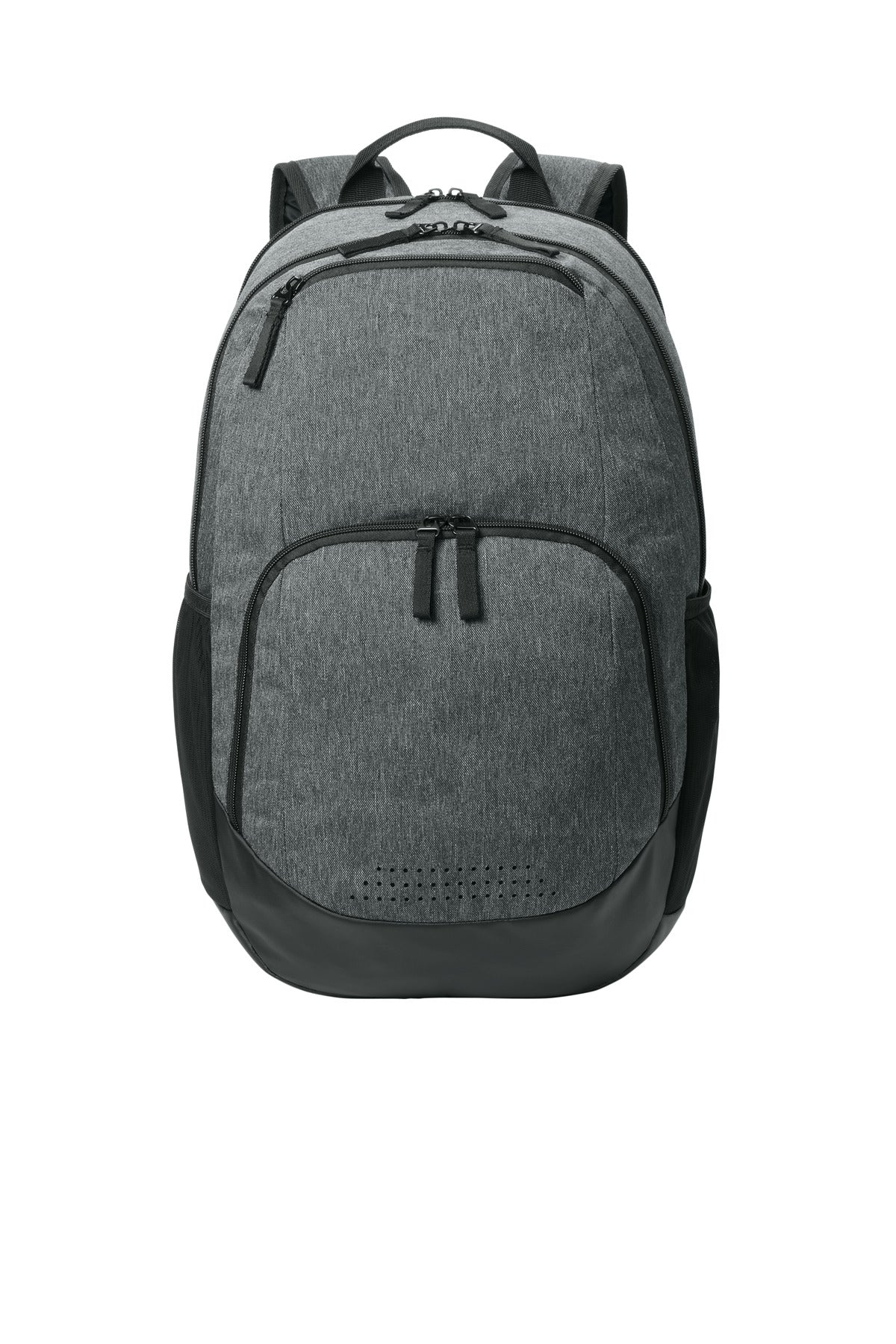 Sport-Tek Rec Backpack BST200 in heather grey with front zipper pocket and adjustable straps, designed for sports and casual use.
