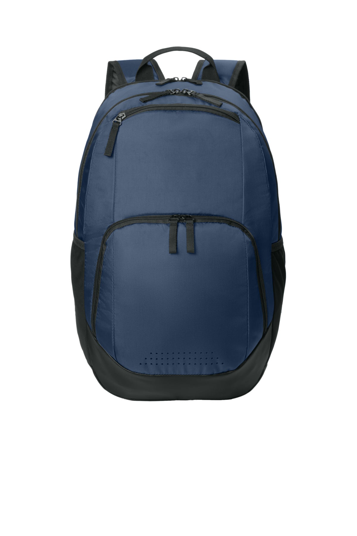 Sport-Tek Rec Backpack BST200 in true navy, showing front view with multiple compartments and durable straps.