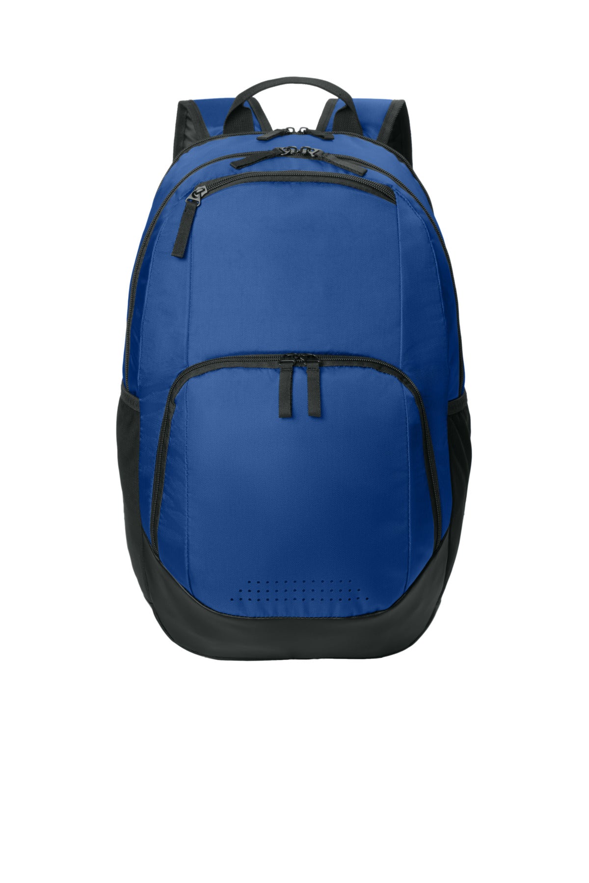 Sport-Tek Rec Backpack BST200 in true royal color, featuring a front view with multiple compartments and padded straps.