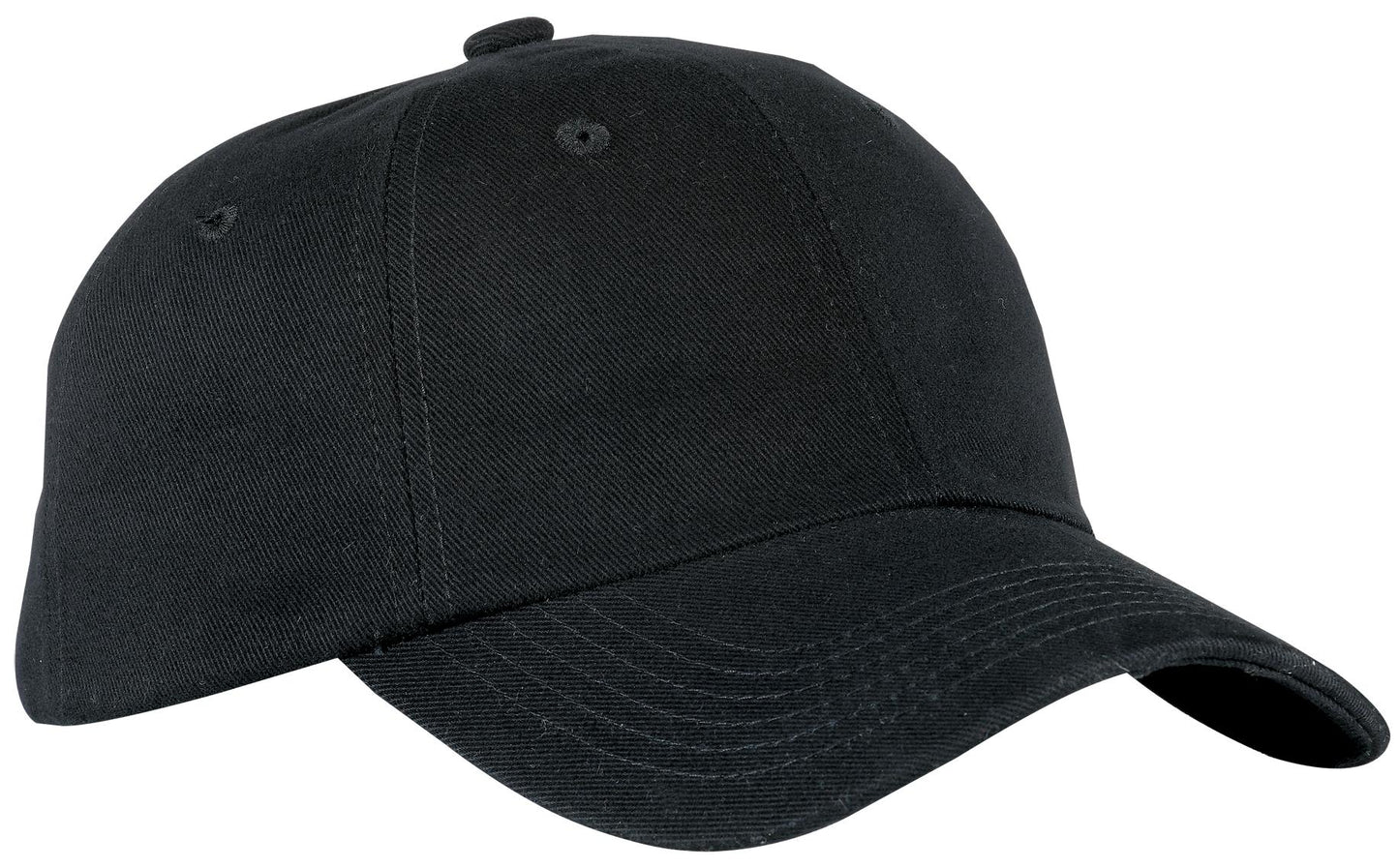 Black Port Authority unstructured brushed twill cap with curved brim and adjustable strap, casual men's headwear.