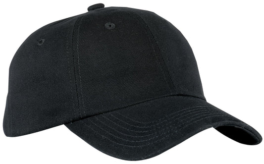 Black Port Authority unstructured brushed twill cap with curved brim and adjustable strap, casual men's headwear.