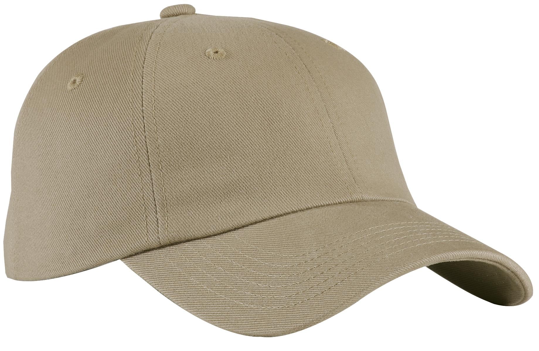Khaki Port Authority unstructured brushed twill cap with curved brim and adjustable strap, casual outdoor headwear.