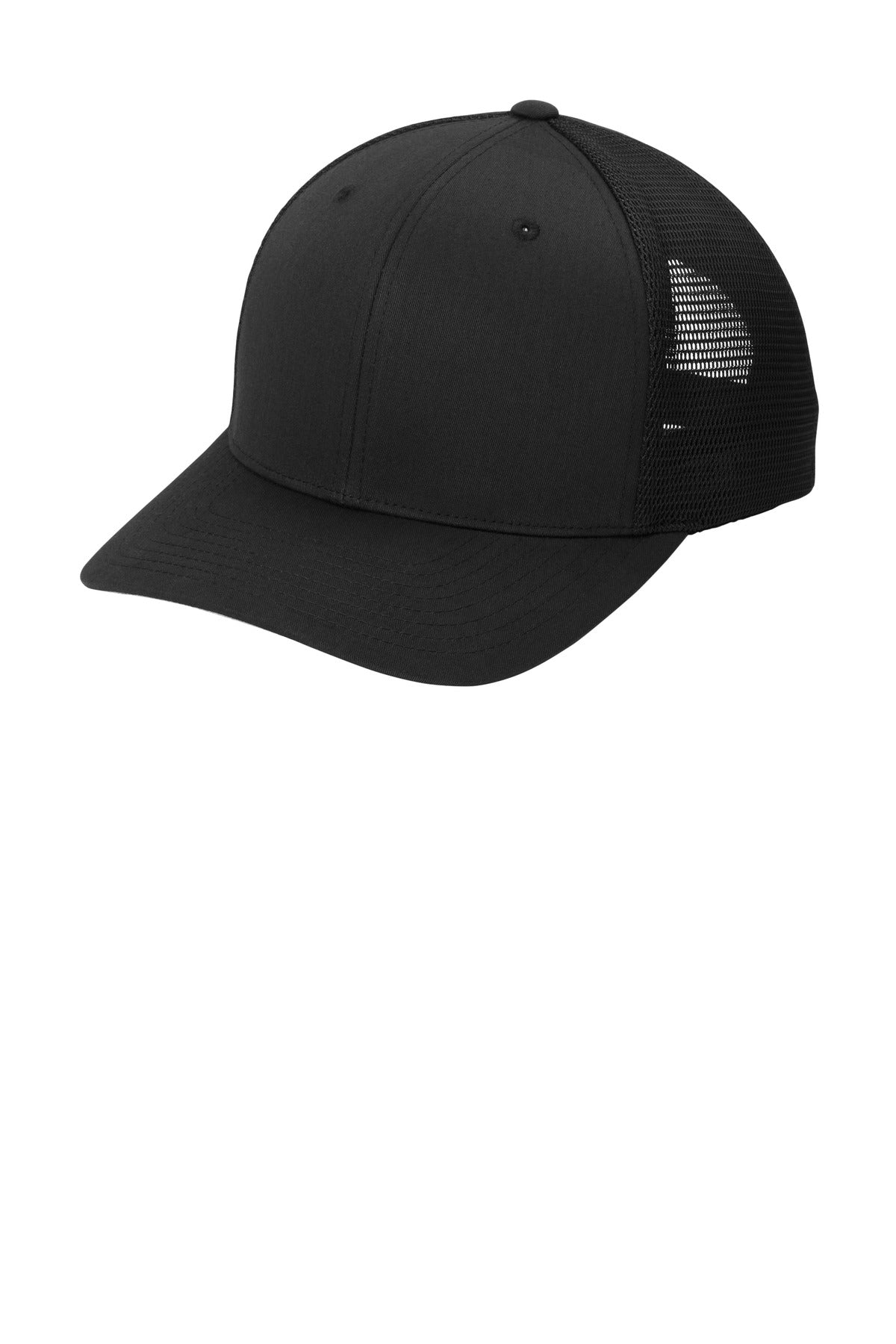 Black Port Authority Flexfit 110 mesh cap shown from the left side, featuring a structured design and breathable mesh panels.