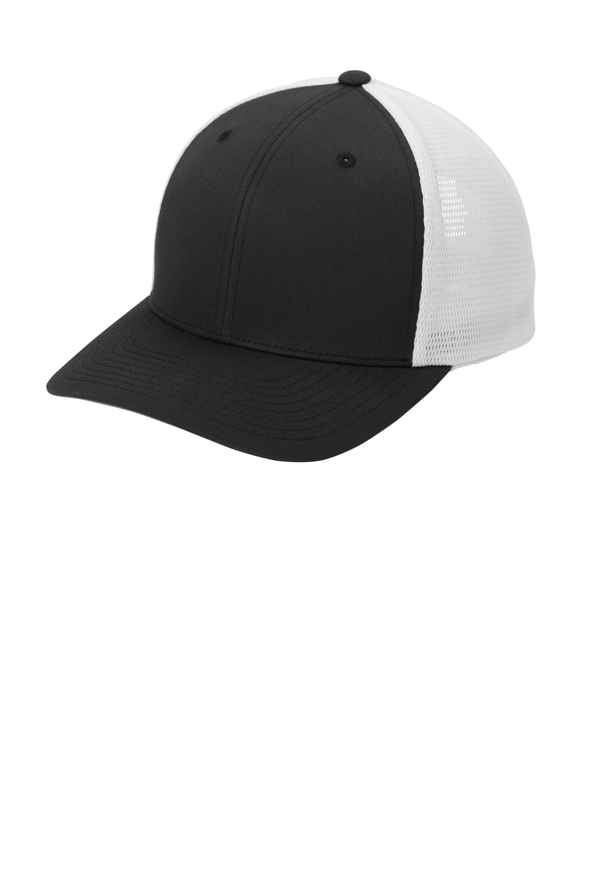 Black and white Port Authority Flexfit 110 mesh cap with curved brim, shown from the left side.