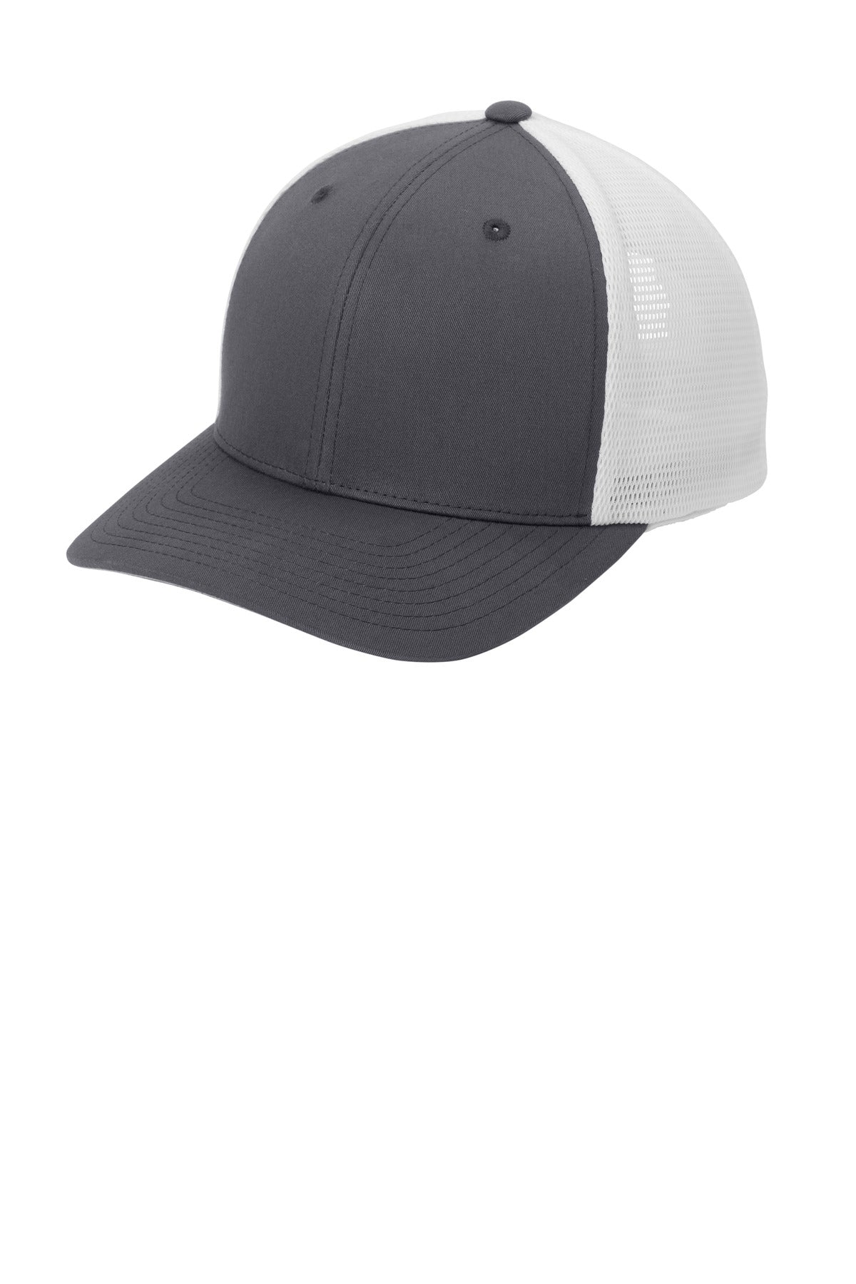 Port Authority Flexfit 110 mesh cap in graphite and white, featuring a structured design and adjustable fit.