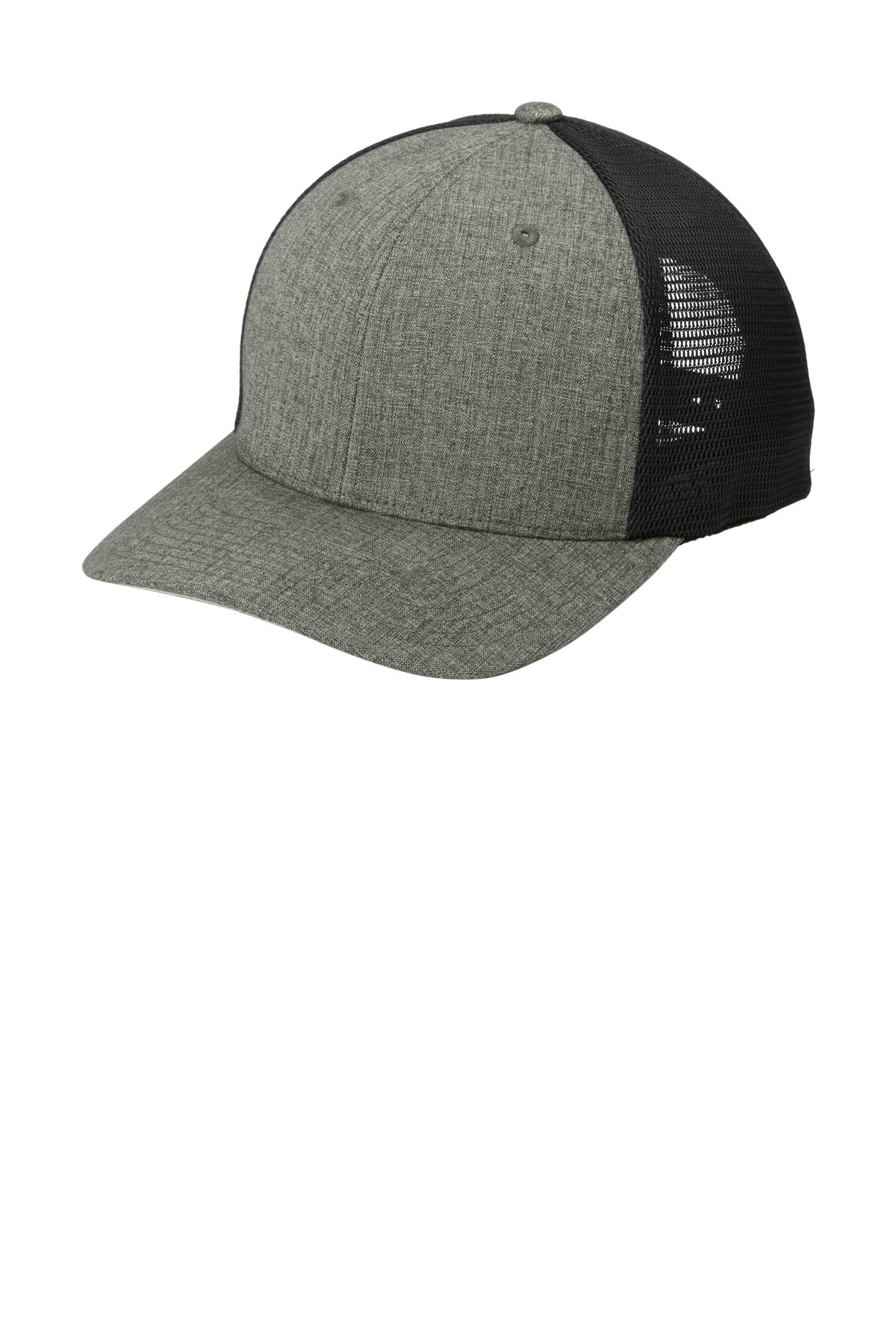 Port Authority Flexfit 110 mesh cap in heather graphite black, showing a close-up of the black cap's front and side view.