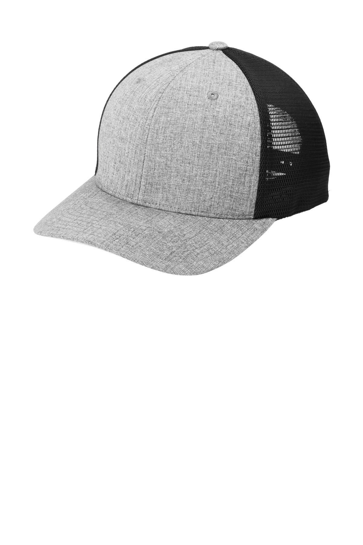 Port Authority Flexfit 110 mesh cap in heather silver and black, shown from the left side. Comfortable, stylish men's hat.