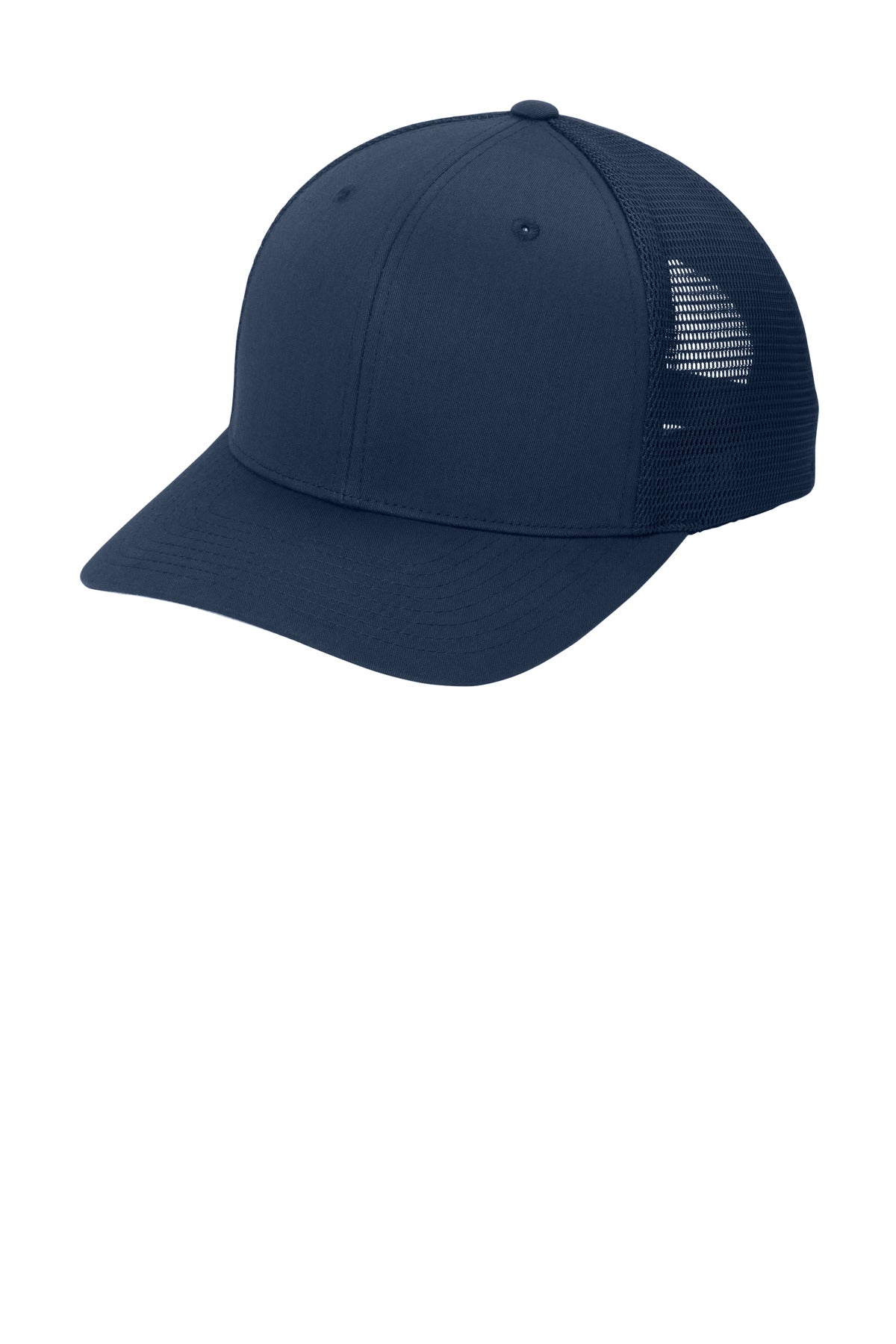 Port Authority Flexfit 110 mesh cap in true navy, showing the front and side view with adjustable fit and breathable mesh fabric.