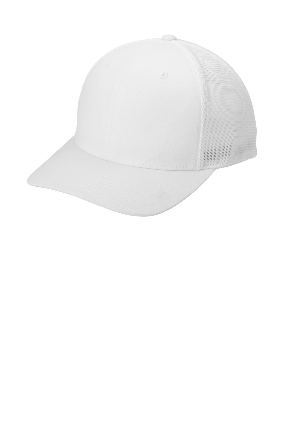 White Port Authority Flexfit 110 mesh cap with curved brim, shown from the left side.