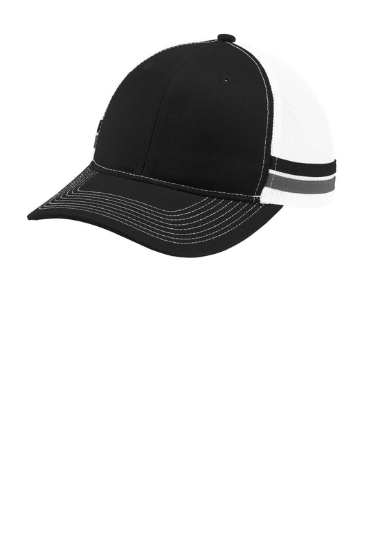 Black, grey, and white Port Authority two-stripe snapback trucker cap with flat front and adjustable snap closure.