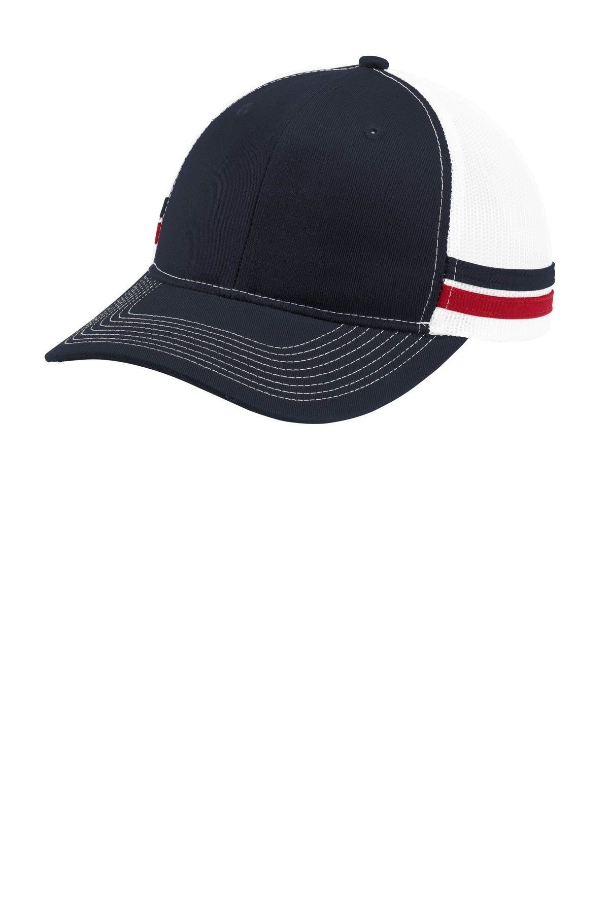 Port Authority two-stripe snapback trucker cap in rich navy with red and white accents, flat front view.