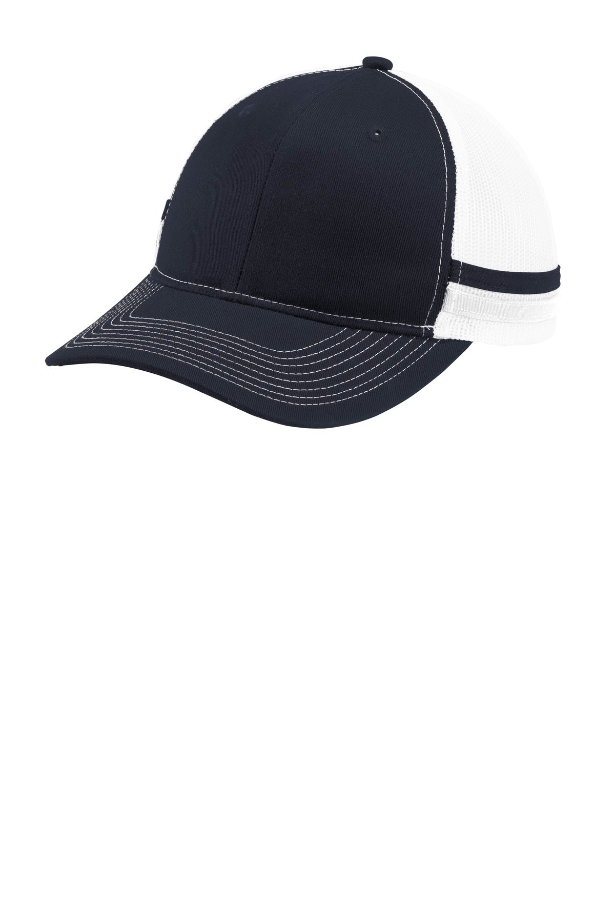 Rich navy and white Port Authority two-stripe snapback trucker cap with flat front and adjustable snap closure.