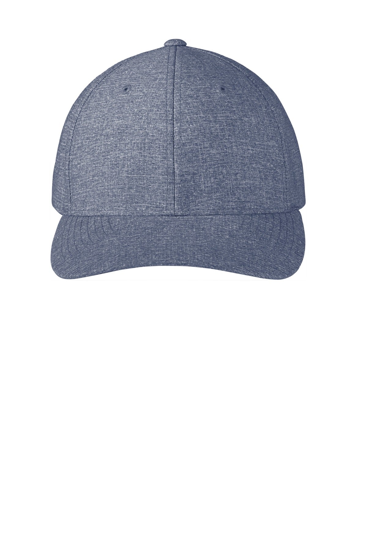 Port Authority Flexfit 110 Performance Snapback Cap in heather true navy, front view showing adjustable brim and stylish design.