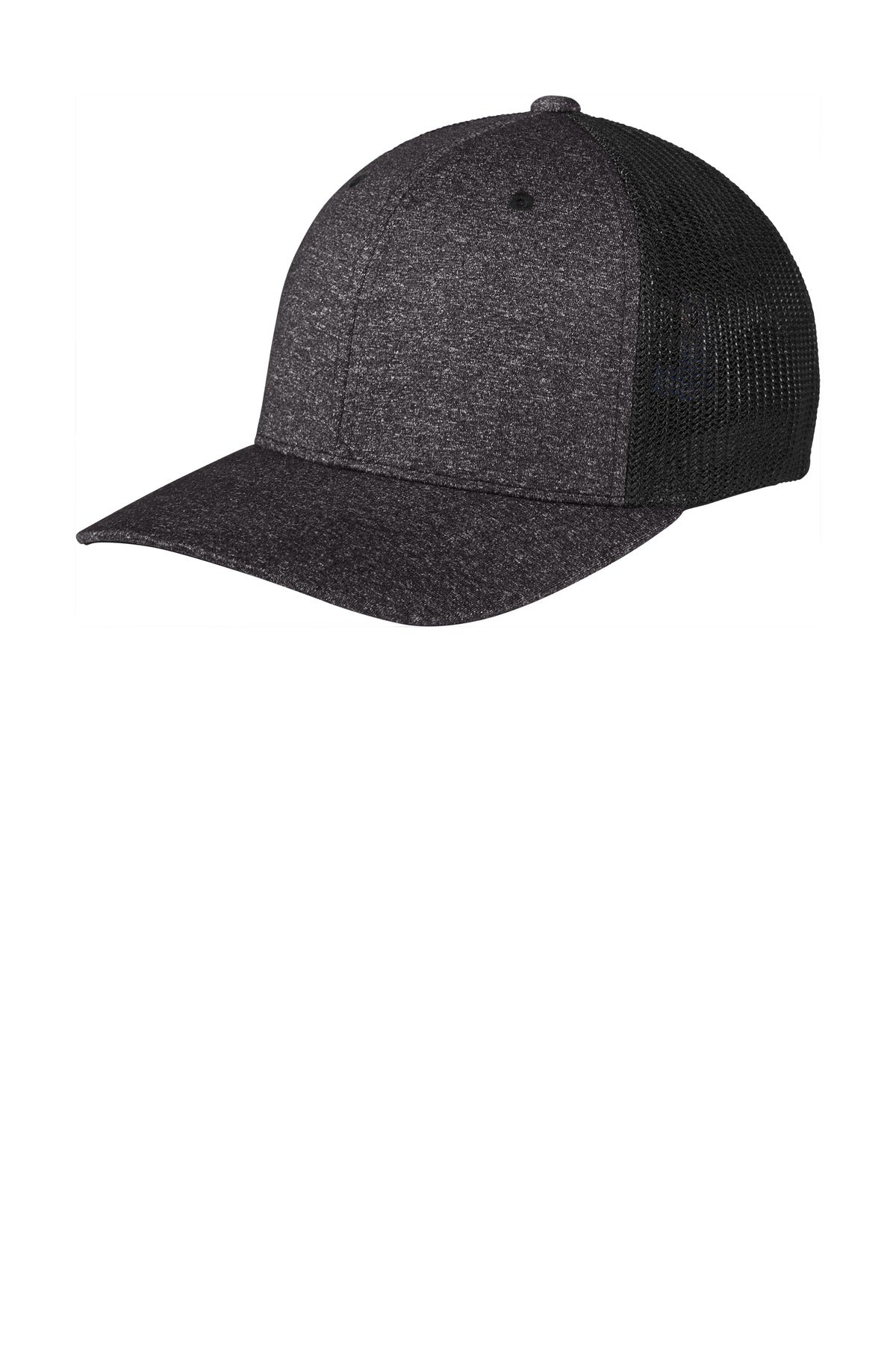 Black and dark charcoal Port Authority Flexfit Melange Mesh Back Trucker Cap with flat front, adjustable snapback, and breathable mesh design.