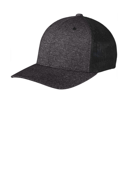 Black and dark charcoal Port Authority Flexfit Melange Mesh Back Trucker Cap with flat front, adjustable snapback, and breathable mesh design.