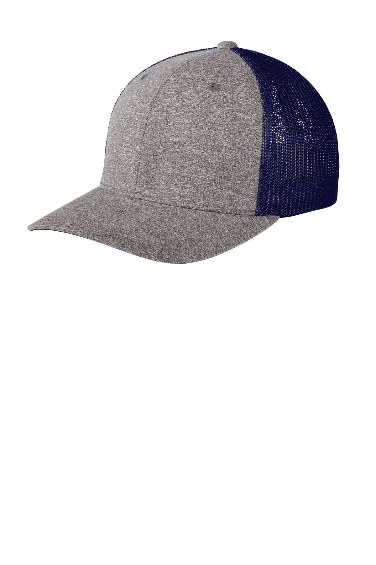 Port Authority Flexfit Melange Mesh Back Trucker Cap in navy and grey Heather with flat front design