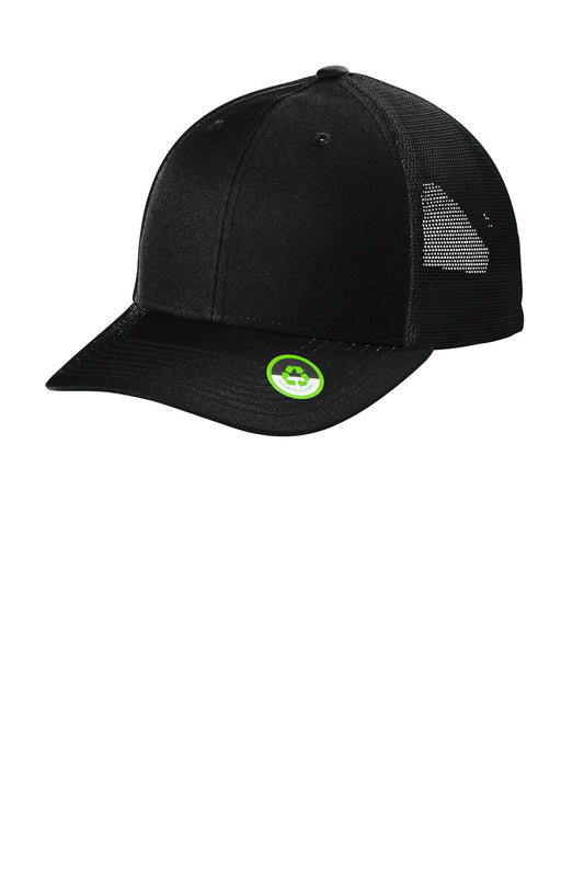 Port Authority Eco Snapback Trucker Cap in deep black, flat brim, side view showing adjustable snapback strap and mesh back panel.
