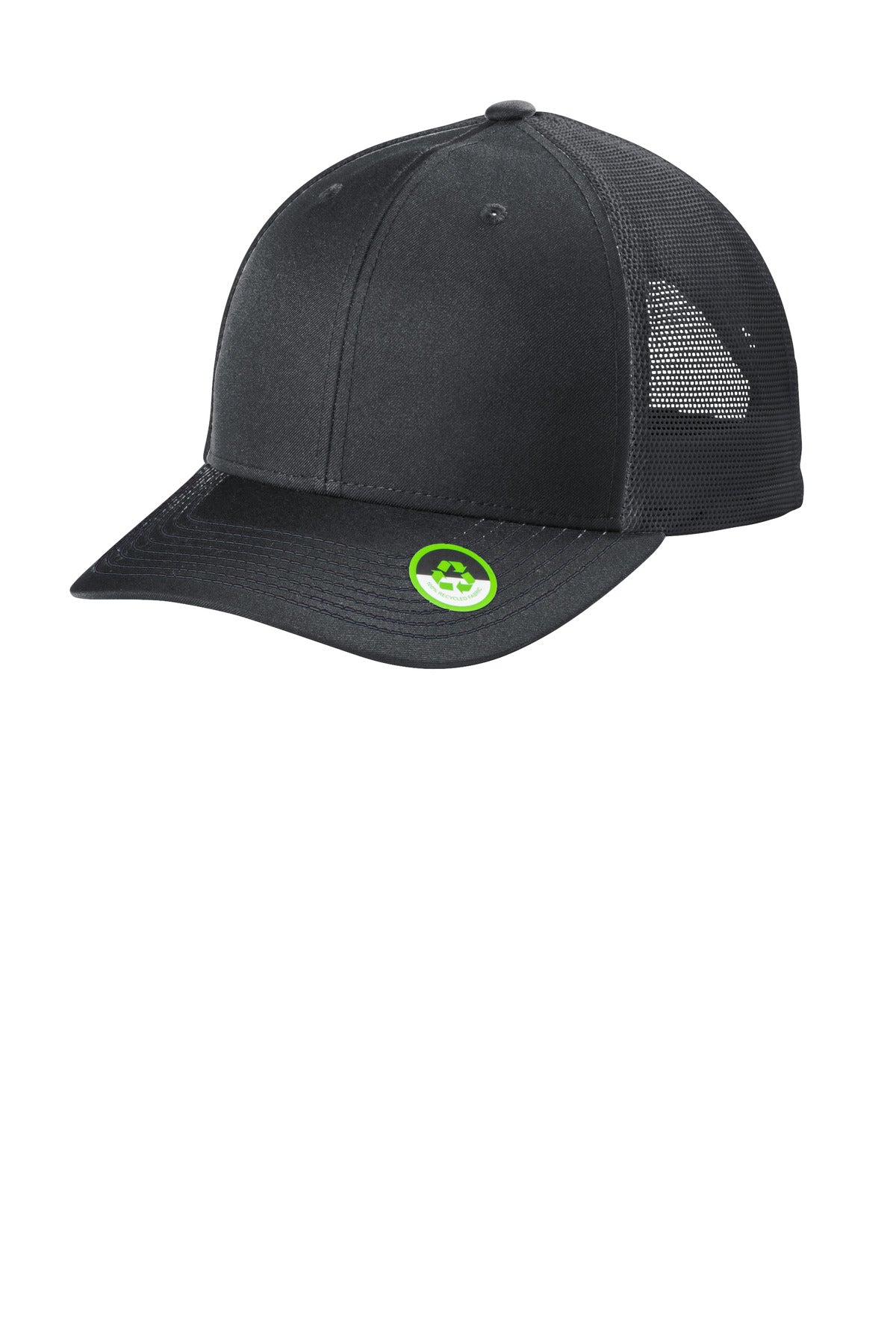 Port Authority Eco Snapback Trucker Cap in grey steel, flat brim, left side view showing adjustable snapback closure.