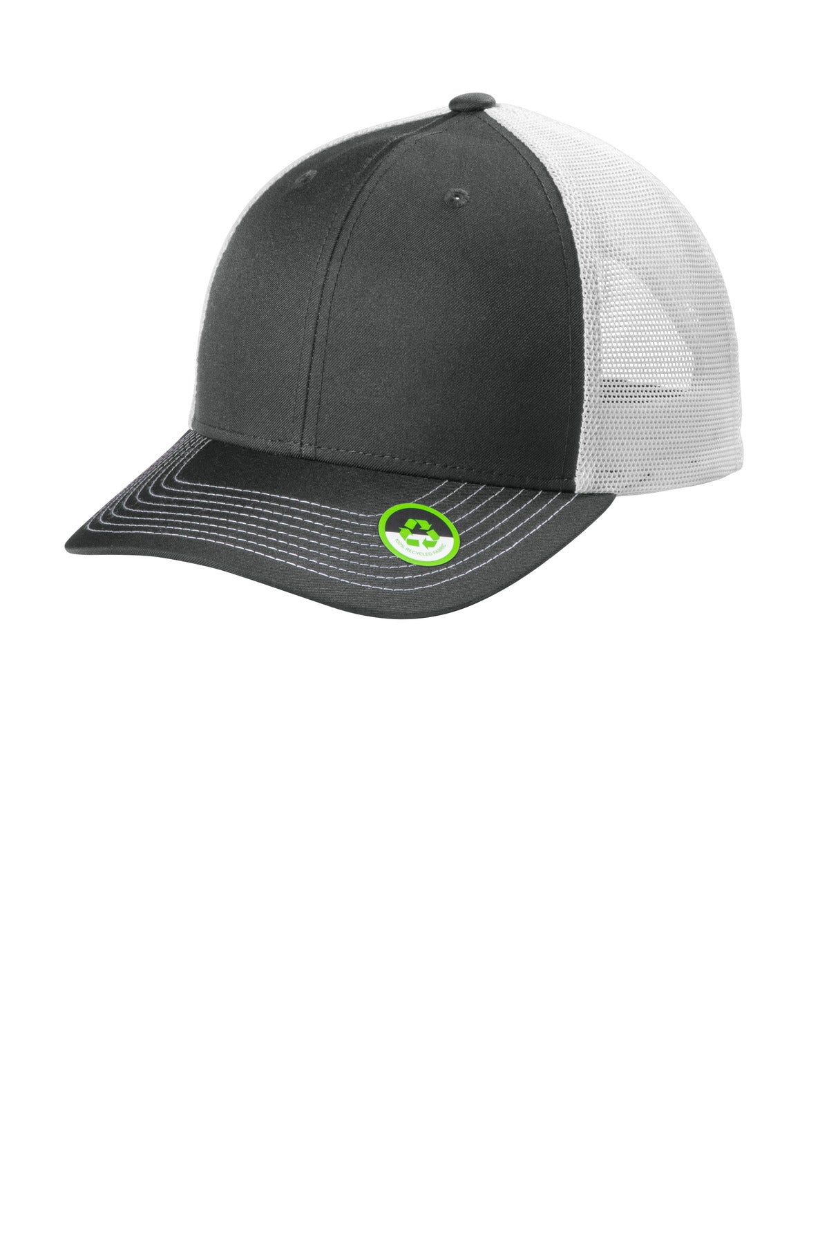 Port Authority Eco Snapback Trucker Cap in smoky grey with white front sticker, flat brim, and adjustable back strap.