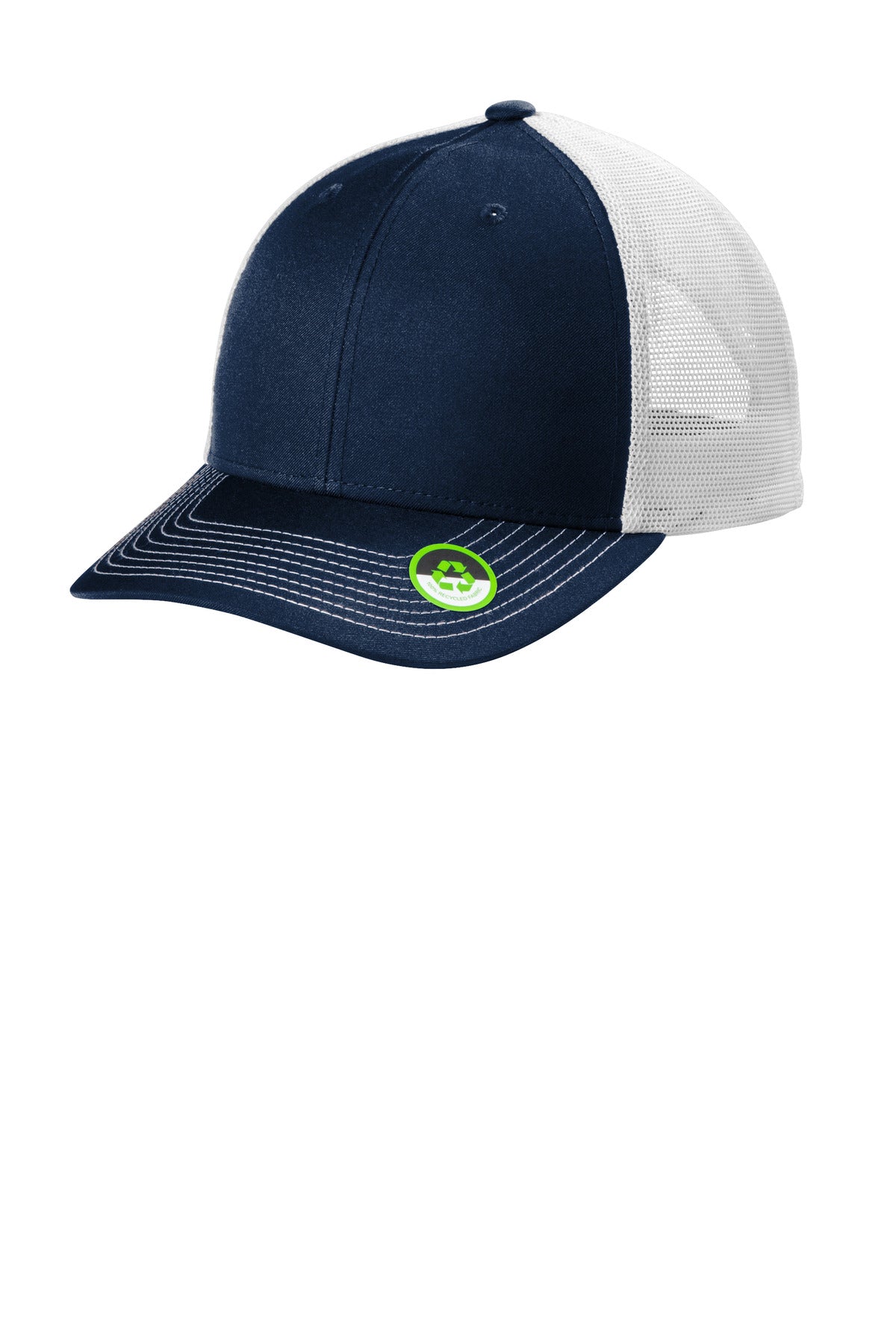 Port Authority Eco Snapback Trucker Cap in navy and white, flat brim, front panel view with adjustable snapback closure.
