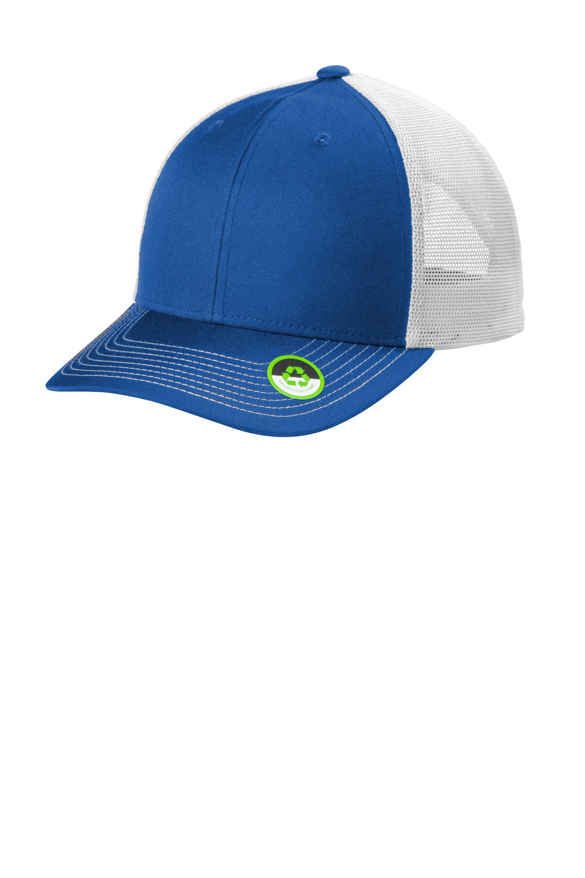 Port Authority Eco Snapback Trucker Cap in true royal and white, shown flat from the left side with adjustable snapback closure.