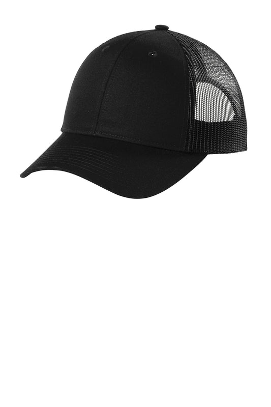Black Port Authority Low-Profile Snapback Trucker Cap viewed from the left side showing the flat brim and structured crown.