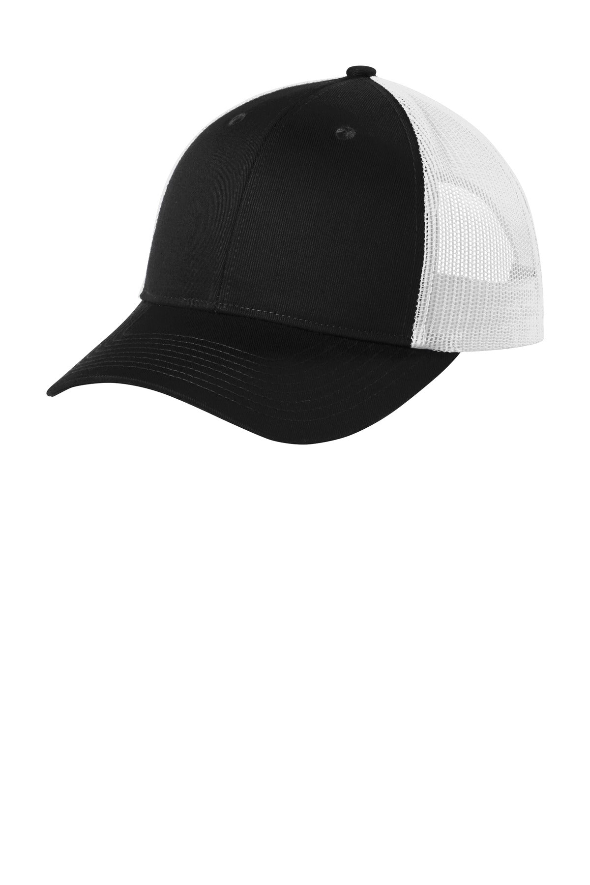 Port Authority low-profile snapback trucker cap in black and white, flat brim, displayed from the left side.