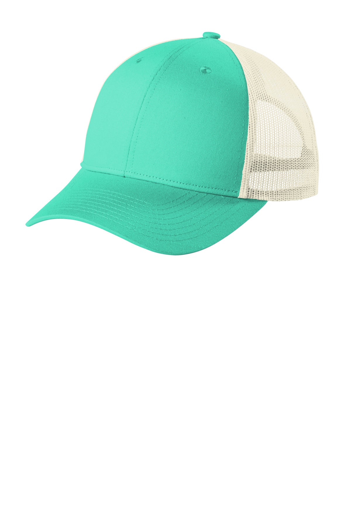 Bright seafoam green Port Authority low-profile snapback trucker cap with flat brim, shown from the left side.