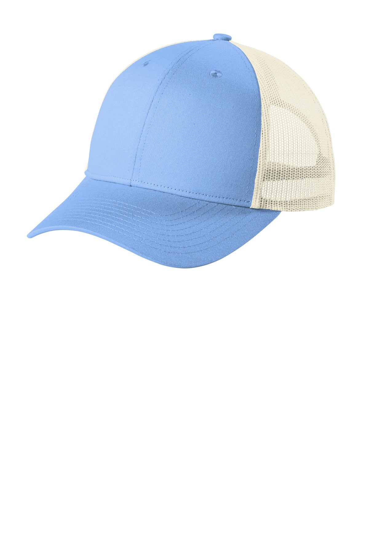 Port Authority low-profile snapback trucker cap in Carolina blue and ecru, shown from the flat left angle.