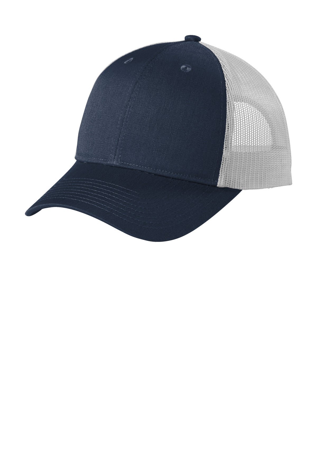 Port Authority low-profile snapback trucker cap in dress blue with navy and silver mist accents, flat left view.
