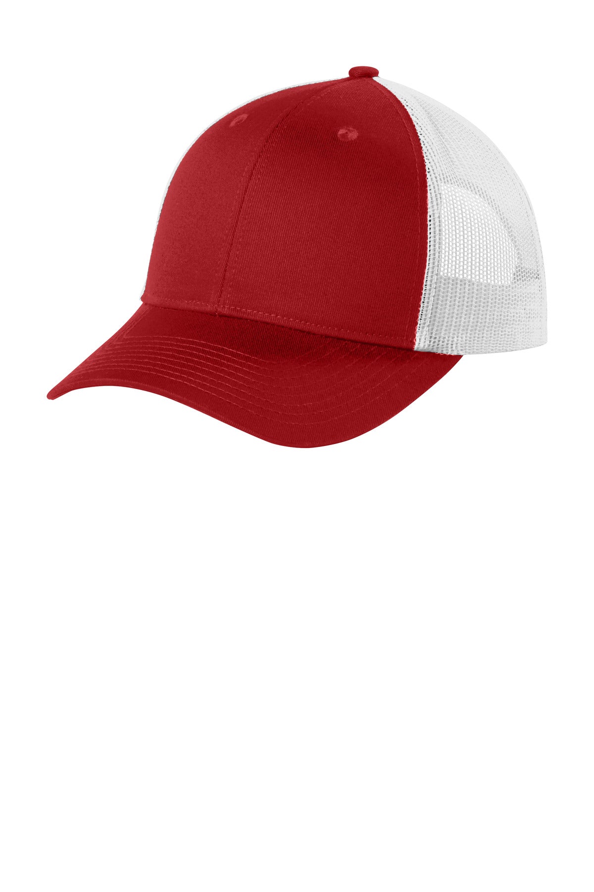 Port Authority low-profile snapback trucker cap in white with red flames, shown from the flat left angle.