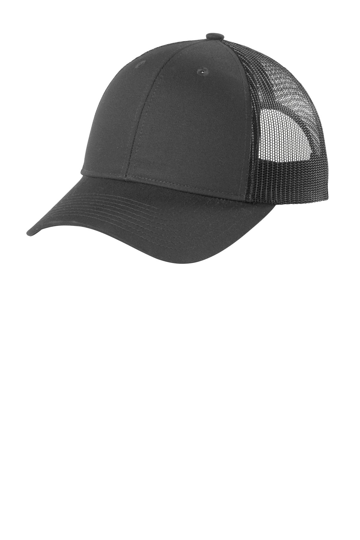 Port Authority low-profile snapback trucker cap in grey steel, featuring a flat brim and adjustable back strap.