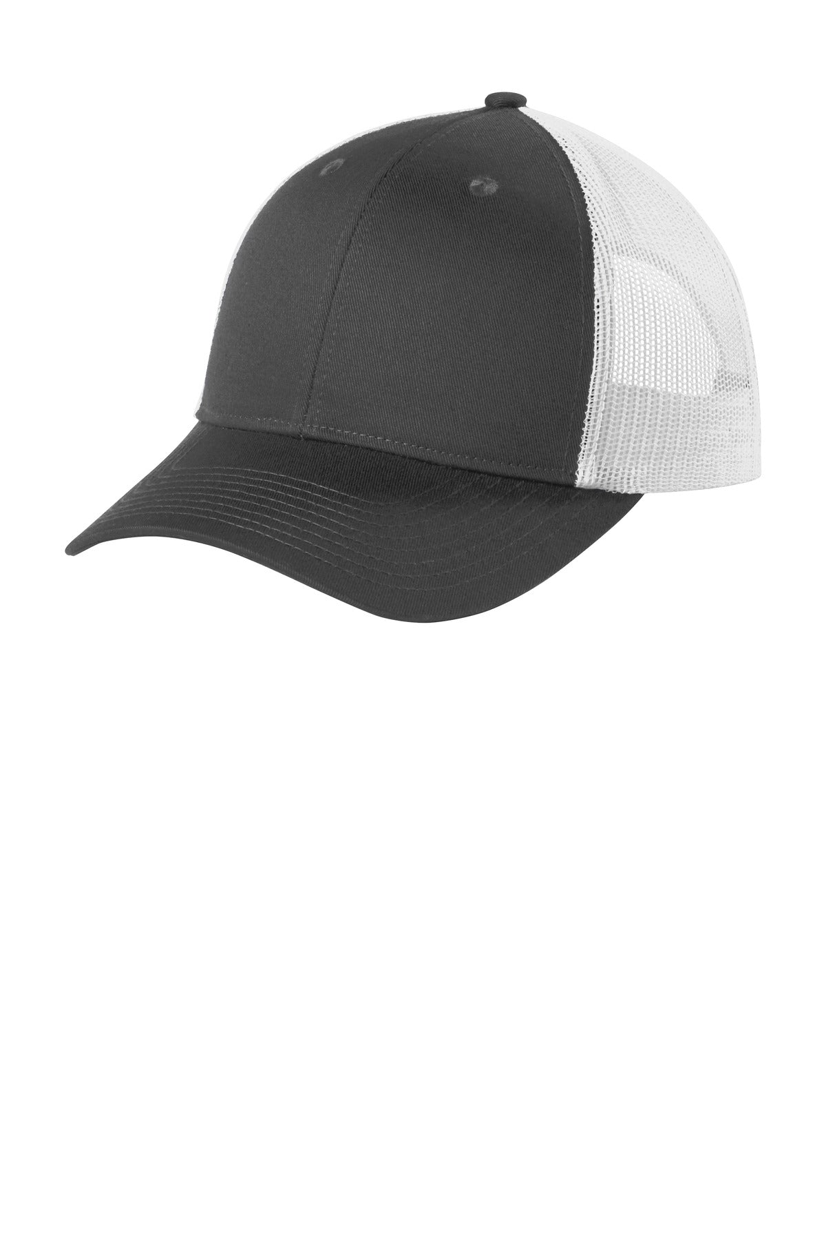 Port Authority low-profile snapback trucker cap in grey steel and white, flat brim, shown from left side.