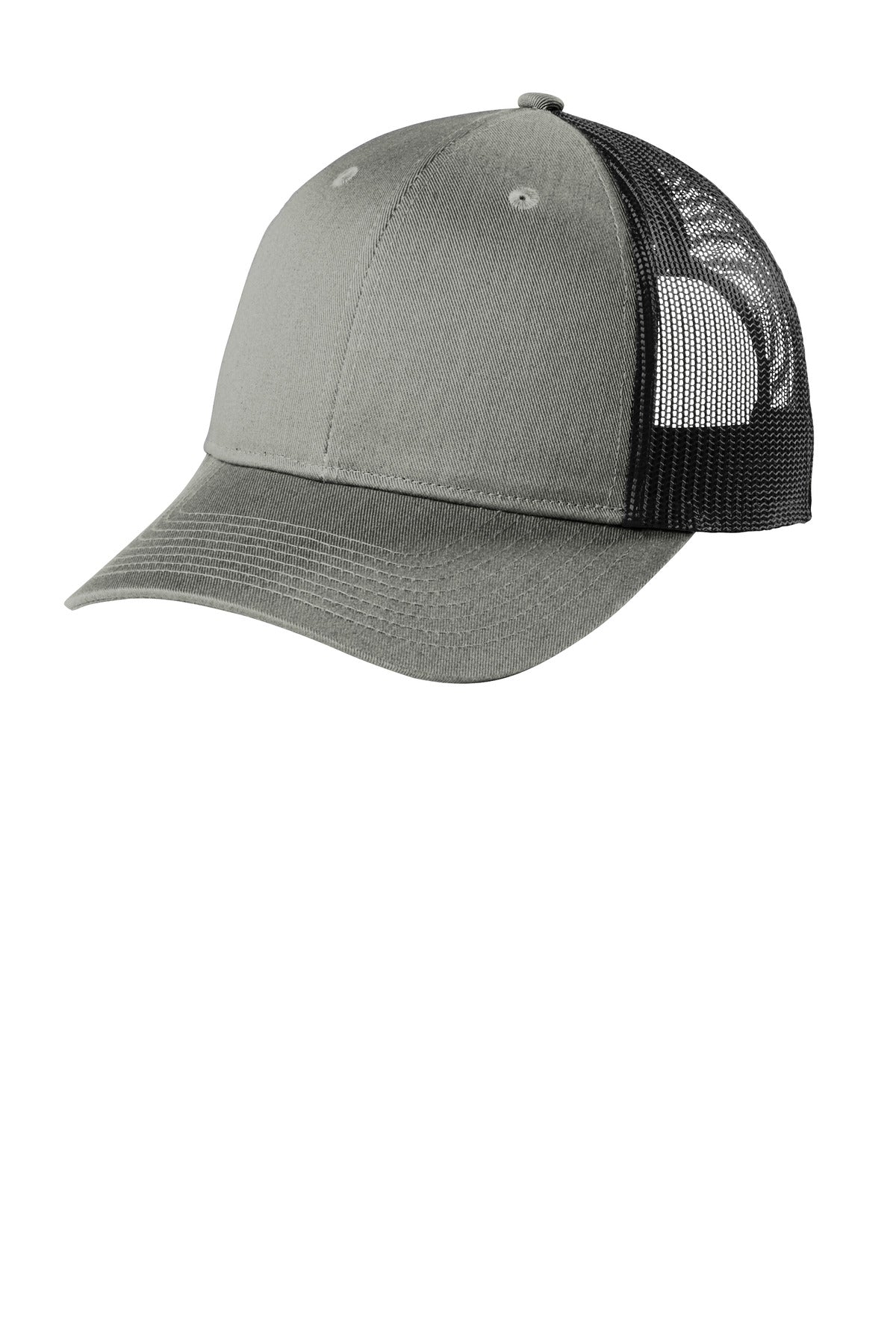 Port Authority low-profile snapback trucker cap in heather grey and black, showing the flat left side view.