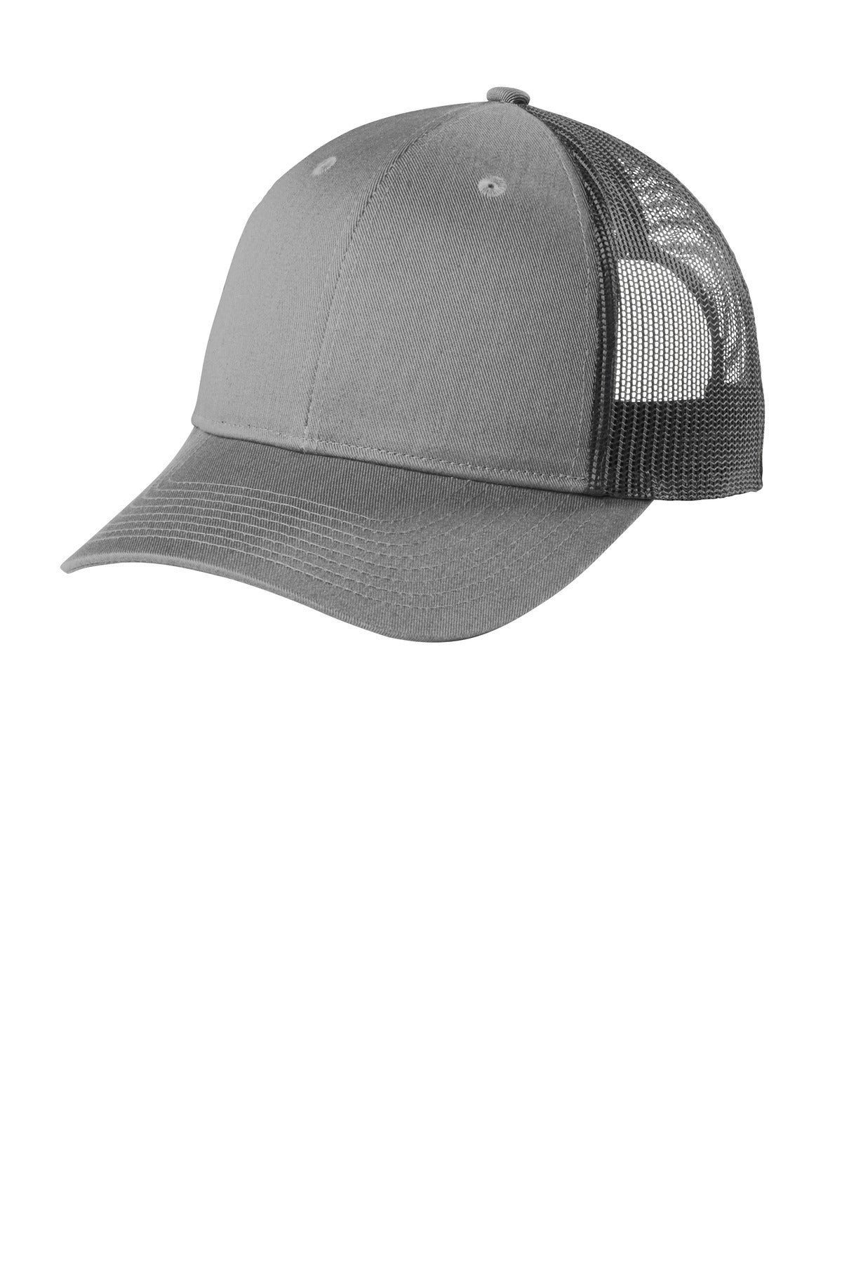 Port Authority low-profile snapback trucker cap in heather gray with a flat brim, shown from the left side.