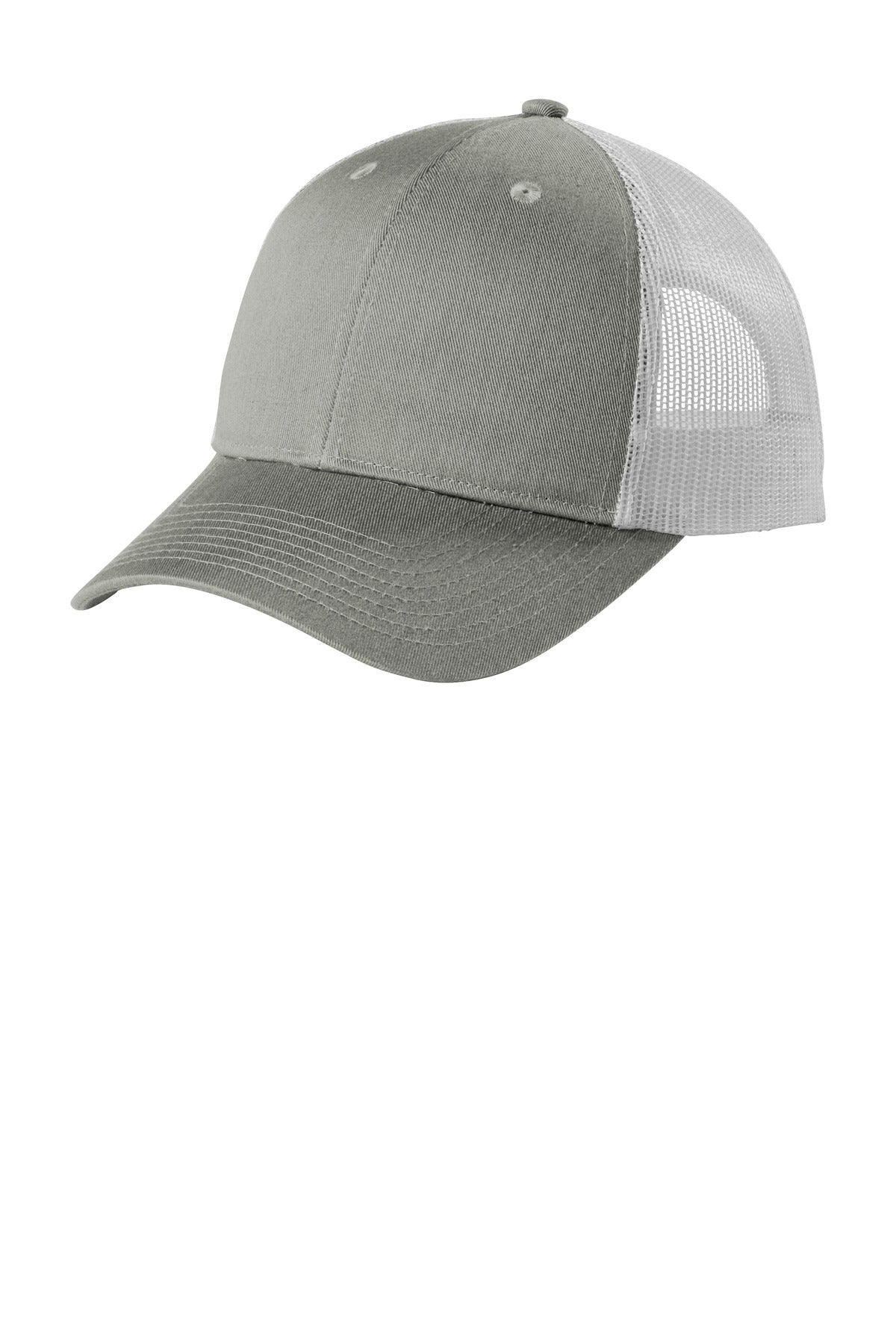 Port Authority low-profile snapback trucker cap in heather grey and white, shown from the flat left angle.