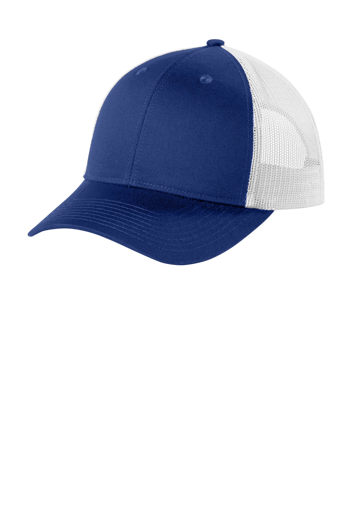 Port Authority low-profile snapback trucker cap in patriot blue with white front panel, flat left view
