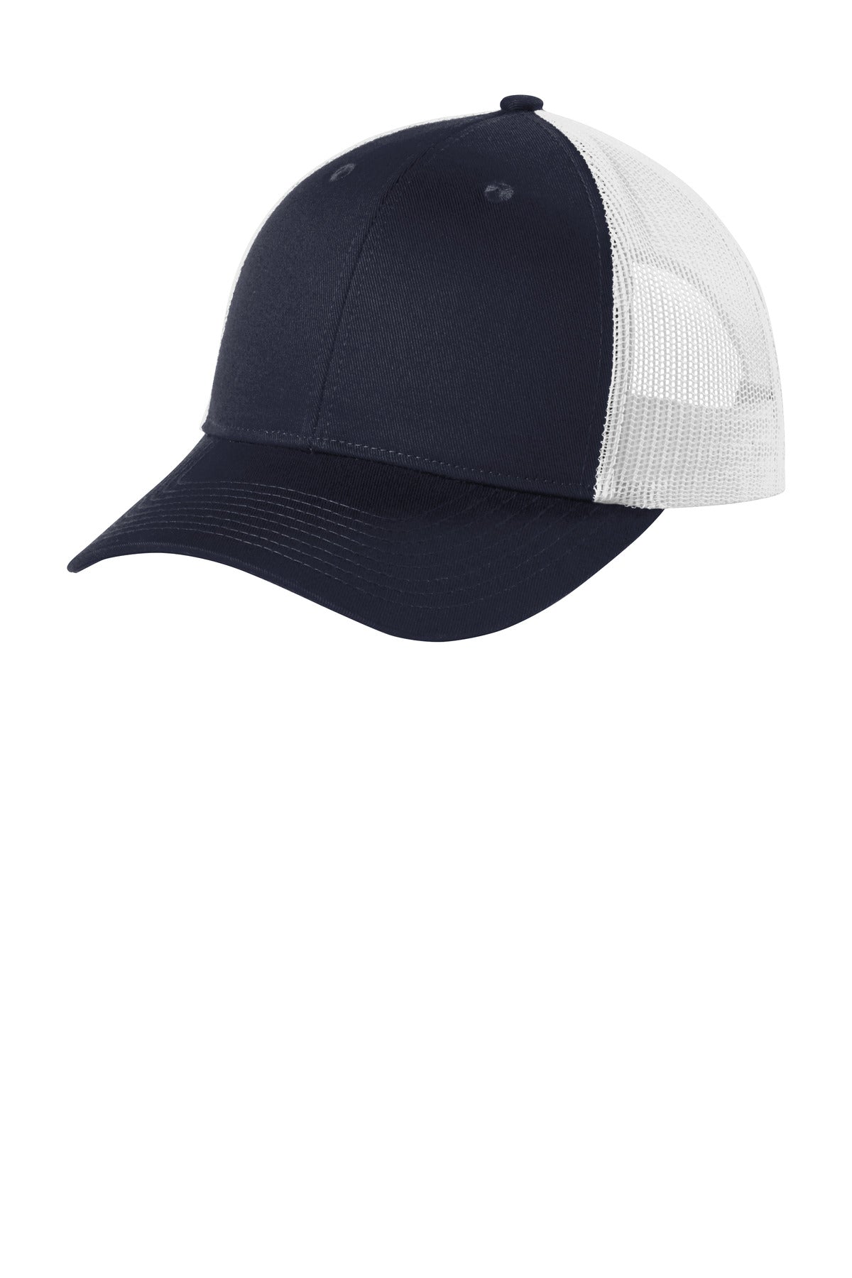 Rich navy and white Port Authority low-profile snapback trucker cap shown from the flat left angle.