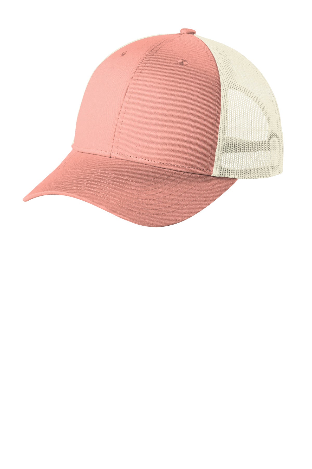 Port Authority low-profile snapback trucker cap in soft coral color, flat bill, left view showing front and side details.