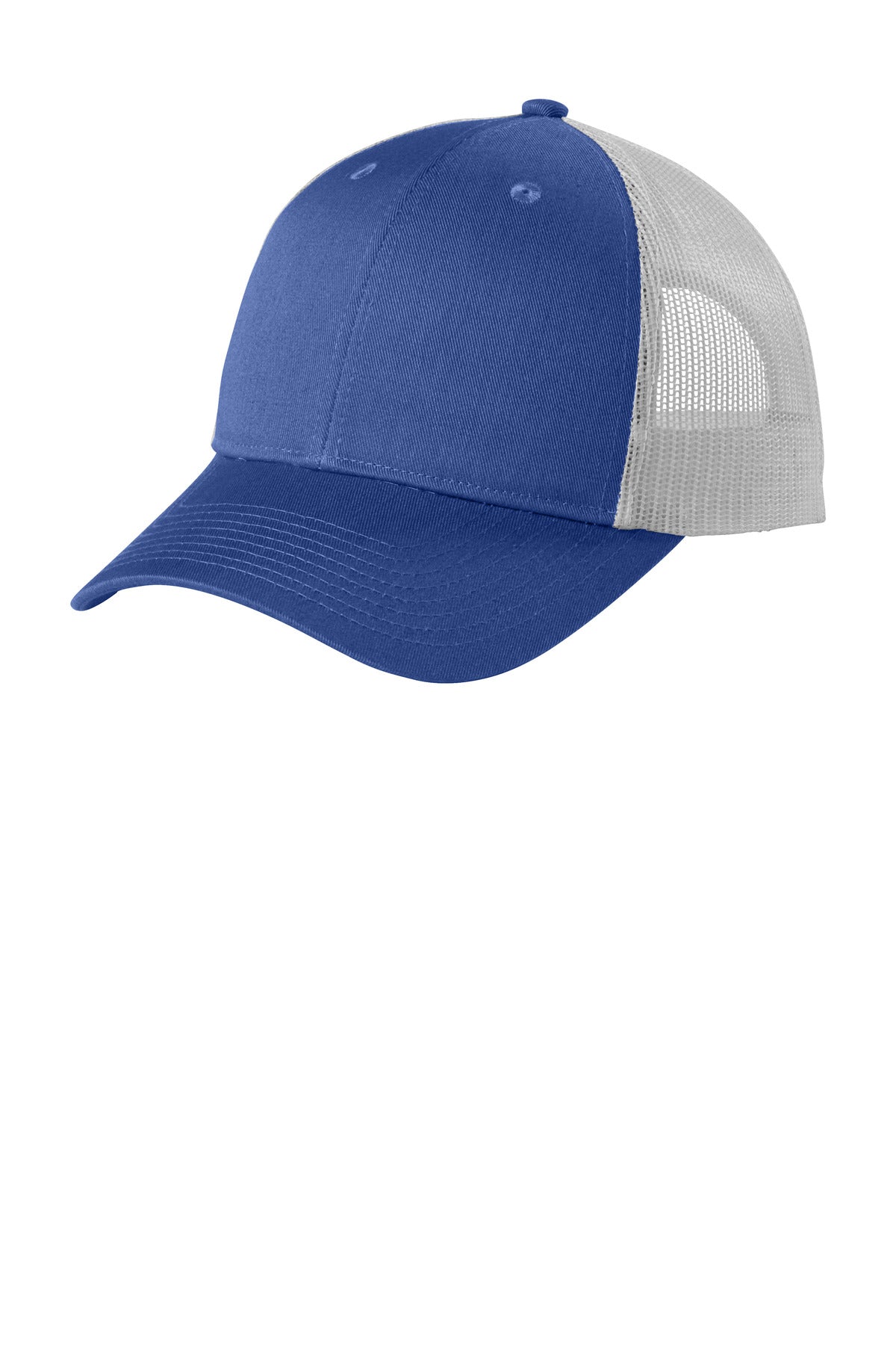 Port Authority low-profile snapback trucker cap in true blue heather with silver mist accents, flat brim, and adjustable snap closure.