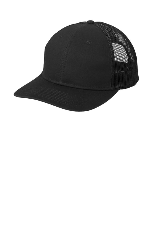Black Port Authority snapback trucker cap with mesh back and adjustable snap closure, shown from the left side.