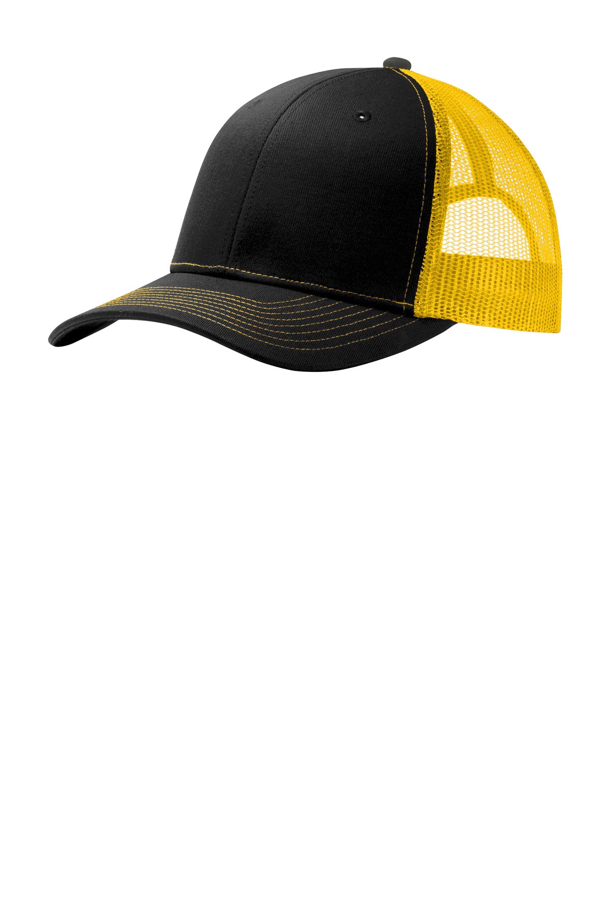 Black and gold Port Authority snapback trucker cap with a flat front panel and adjustable snap closure.