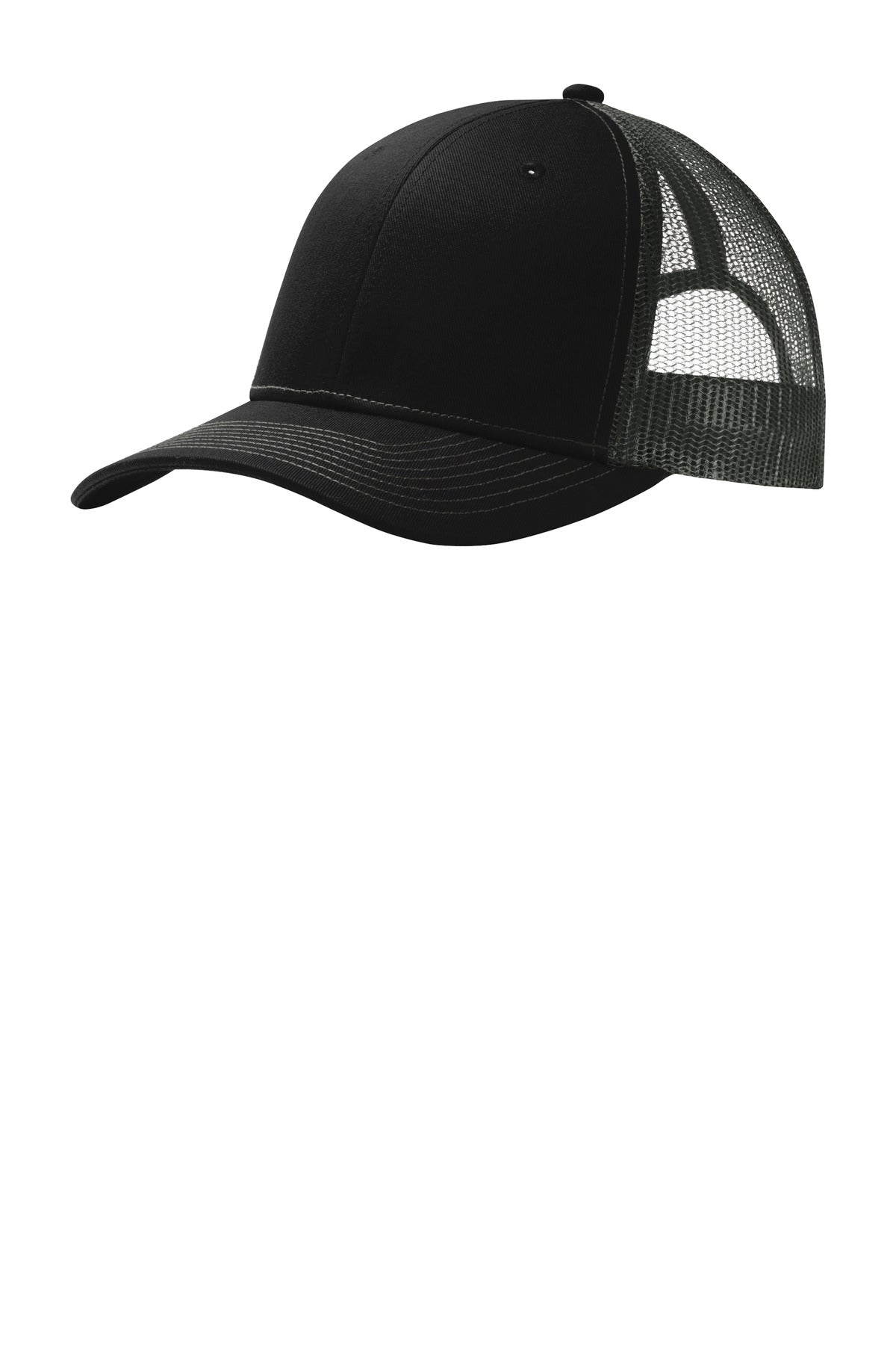 Black and grey Port Authority snapback trucker cap with front logo embroidery, adjustable snap closure, and mesh back design.
